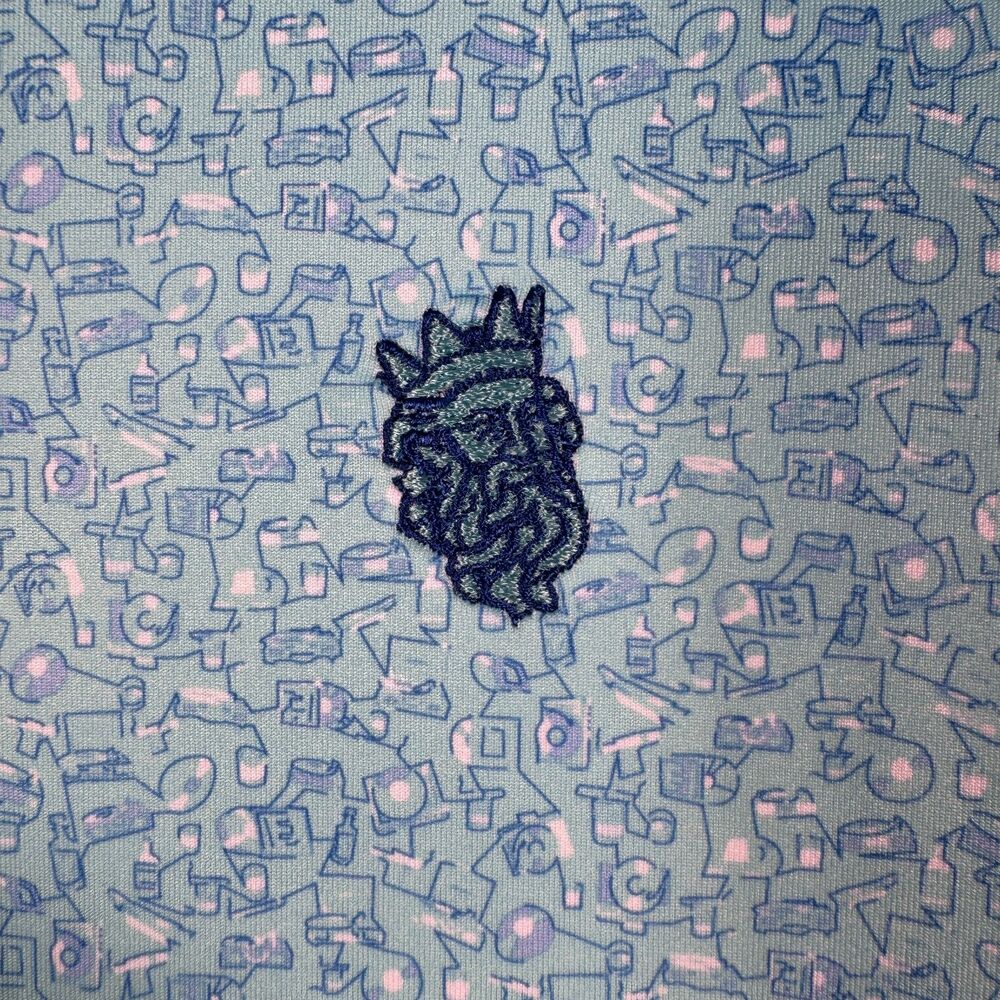 Peter Millar Summer Comfort Polo Shirt Mens M Blue Vinyl Whiskey Print Poseidon